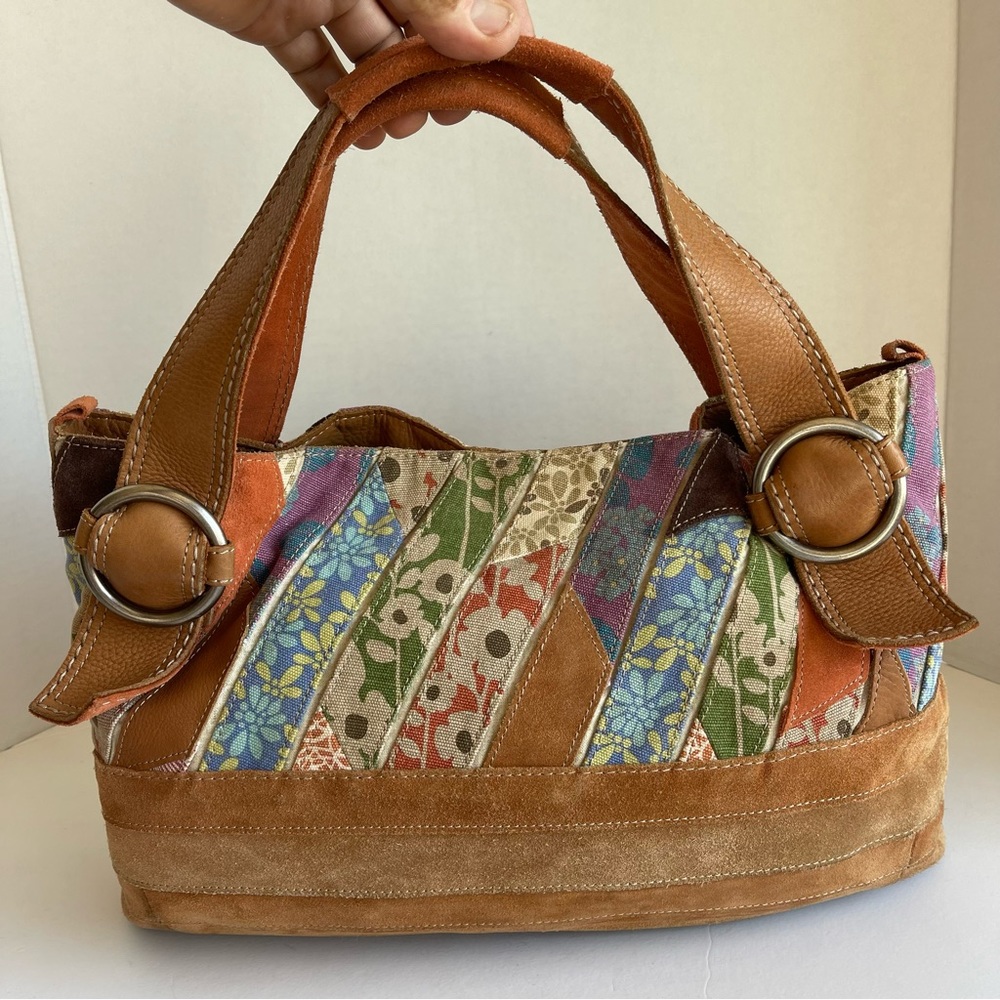 Patchwork Floral Suede & Leather Tote - Tan Multi